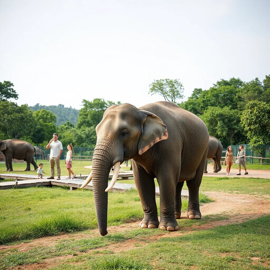 Family and guide watching a calm elephant in a natural, safe sanctuary setting