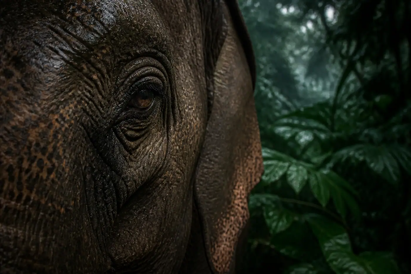 Close-up of an Asian elephant's eye in a Thai jungle
