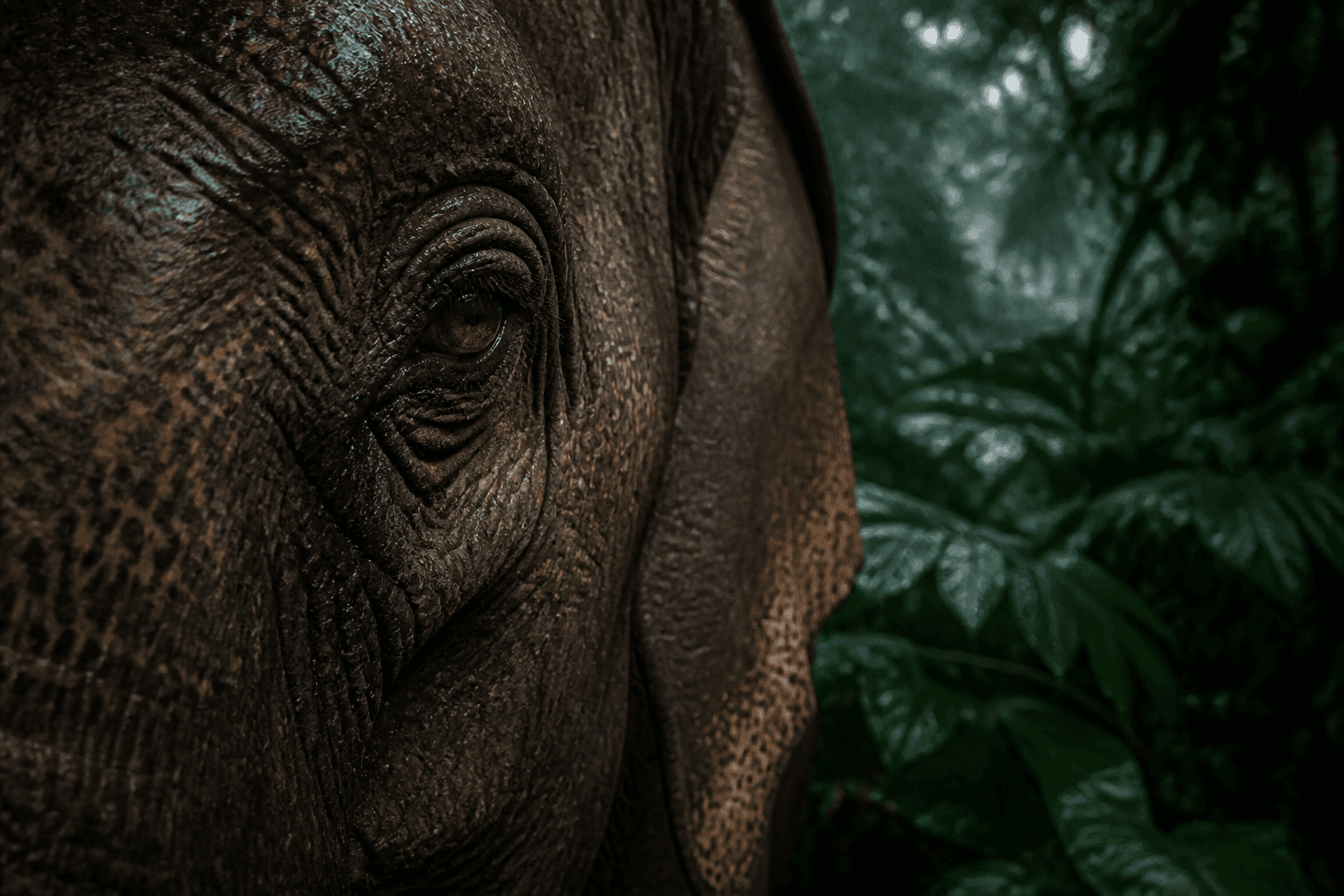 Close-up of an Asian elephant's eye in a Thai jungle