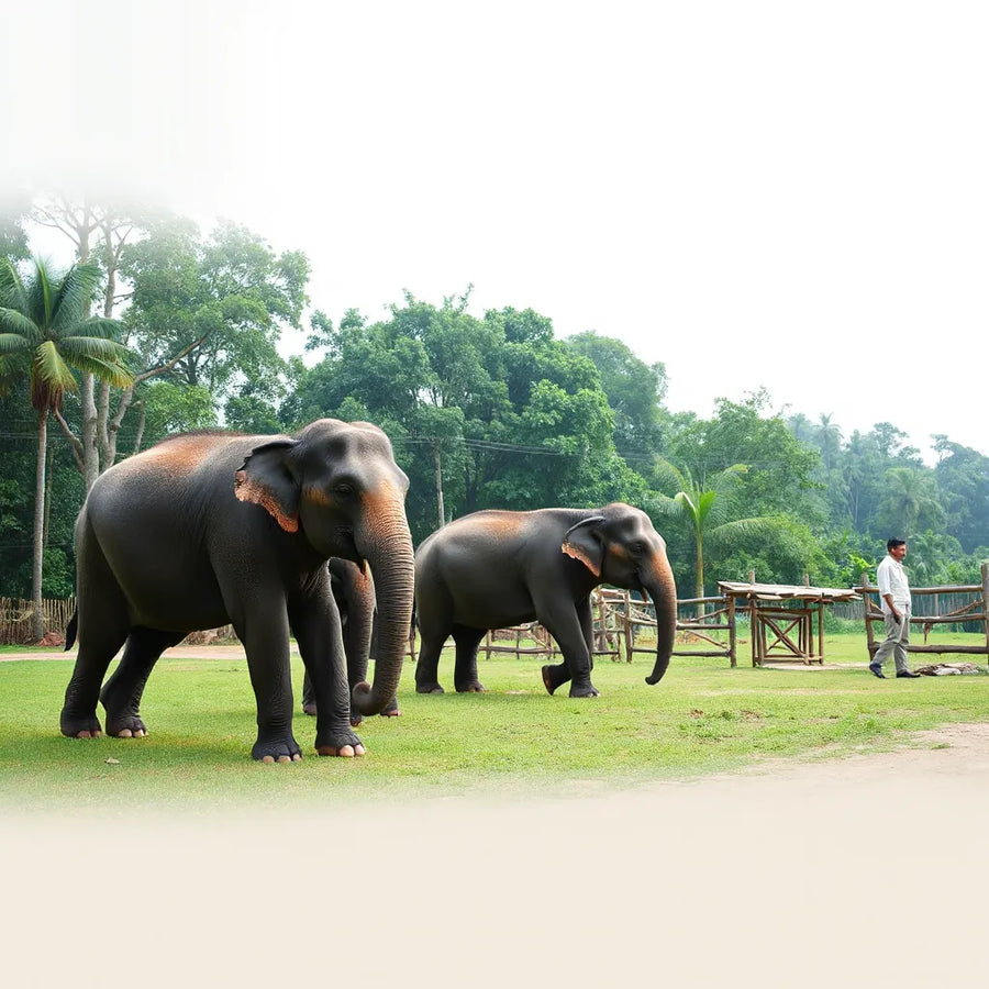Calm elephants in a lush Chiang Mai sanctuary with a caretaker standing nearby at a safe distance
