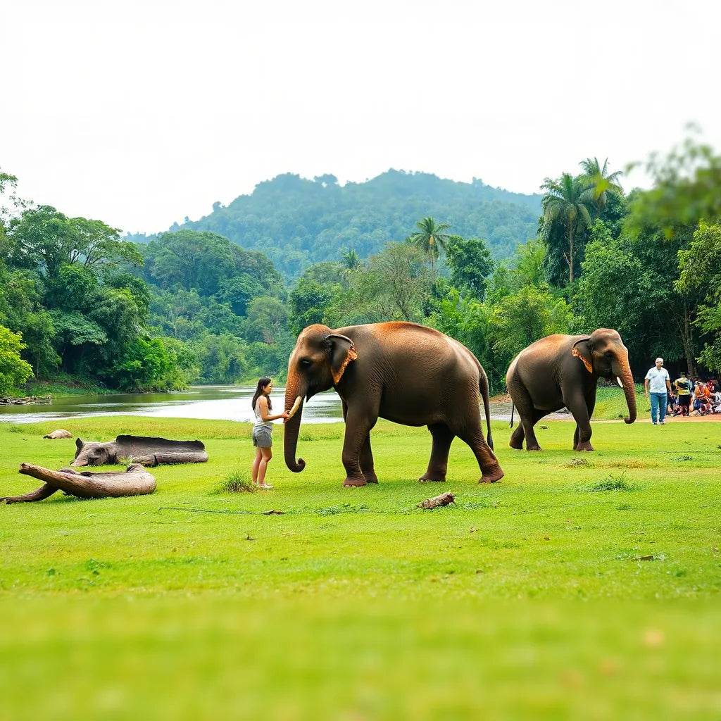 Elephants in a Thai sanctuary roaming safely with handlers standing at a respectful distance