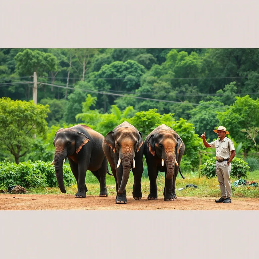 Conservation guide observing elephants near a lush forest sanctuary in Thailand during the day