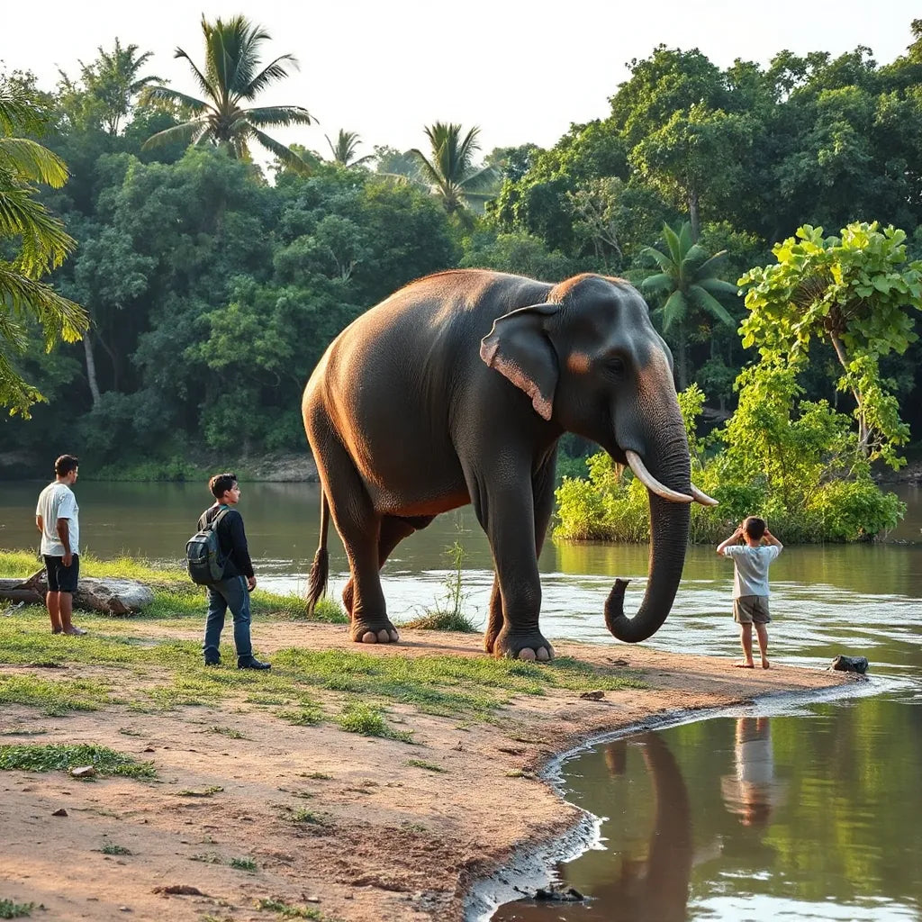 Calm Asian elephant with a handler in a lush tropical river setting while a small group watches
