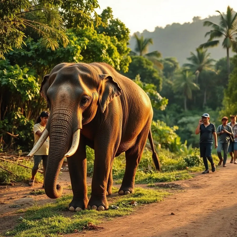 Asian elephant near jungle greenery with a small group and a local guide at respectful distance