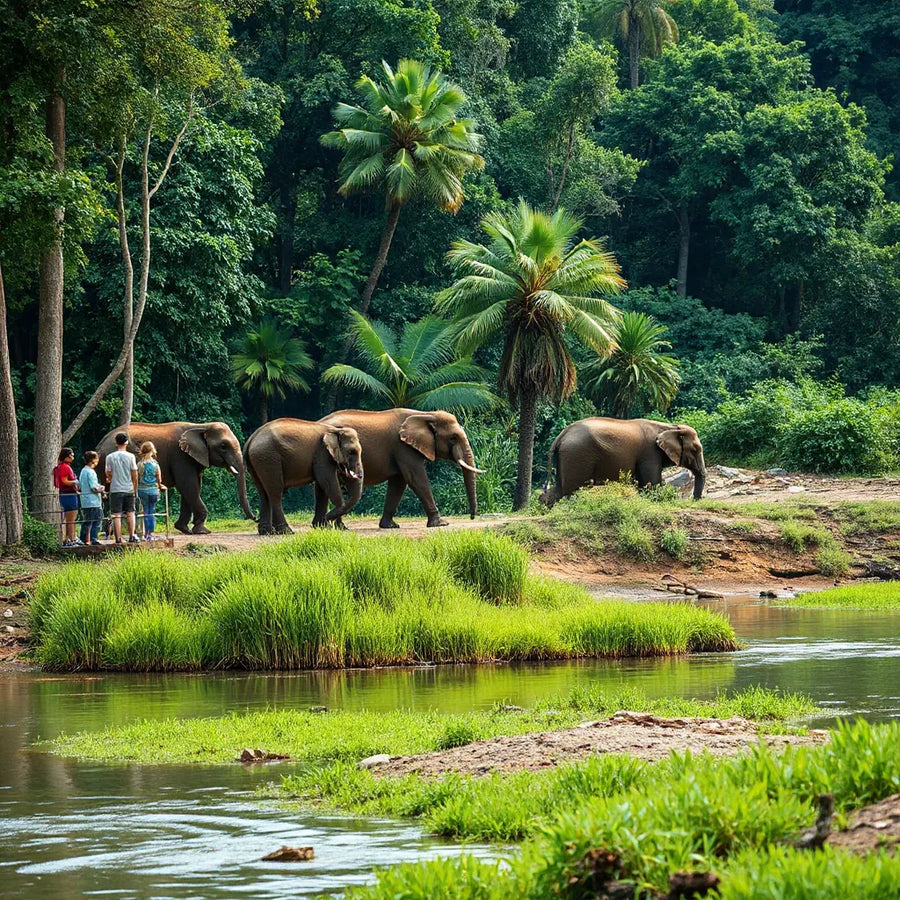 Visitors observe elephants calmly near a river in a lush forest setting during a guided tour