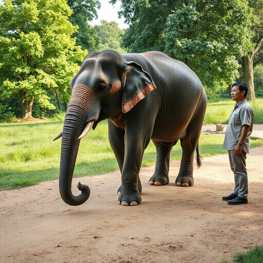Calm elephant in a green sanctuary with a guide nearby, no riding or crowding