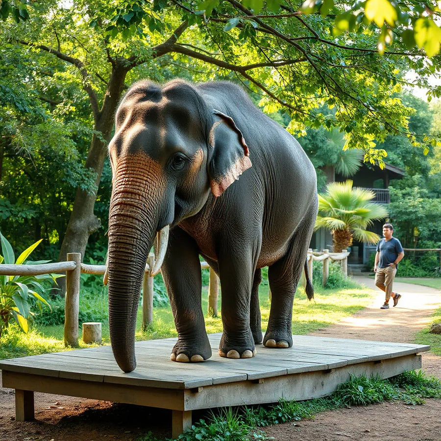 Gentle elephant resting in a green sanctuary with a handler nearby in respectful distance