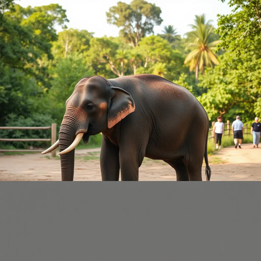 Visitors observe a calm elephant from a path at an ethical sanctuary with no riding