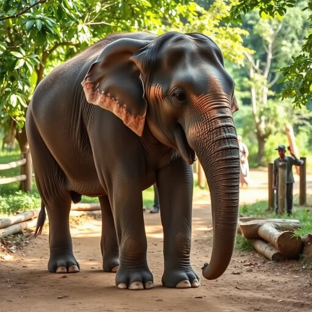 Calm Asian elephant with sanctuary caretakers in a lush Thai outdoor setting