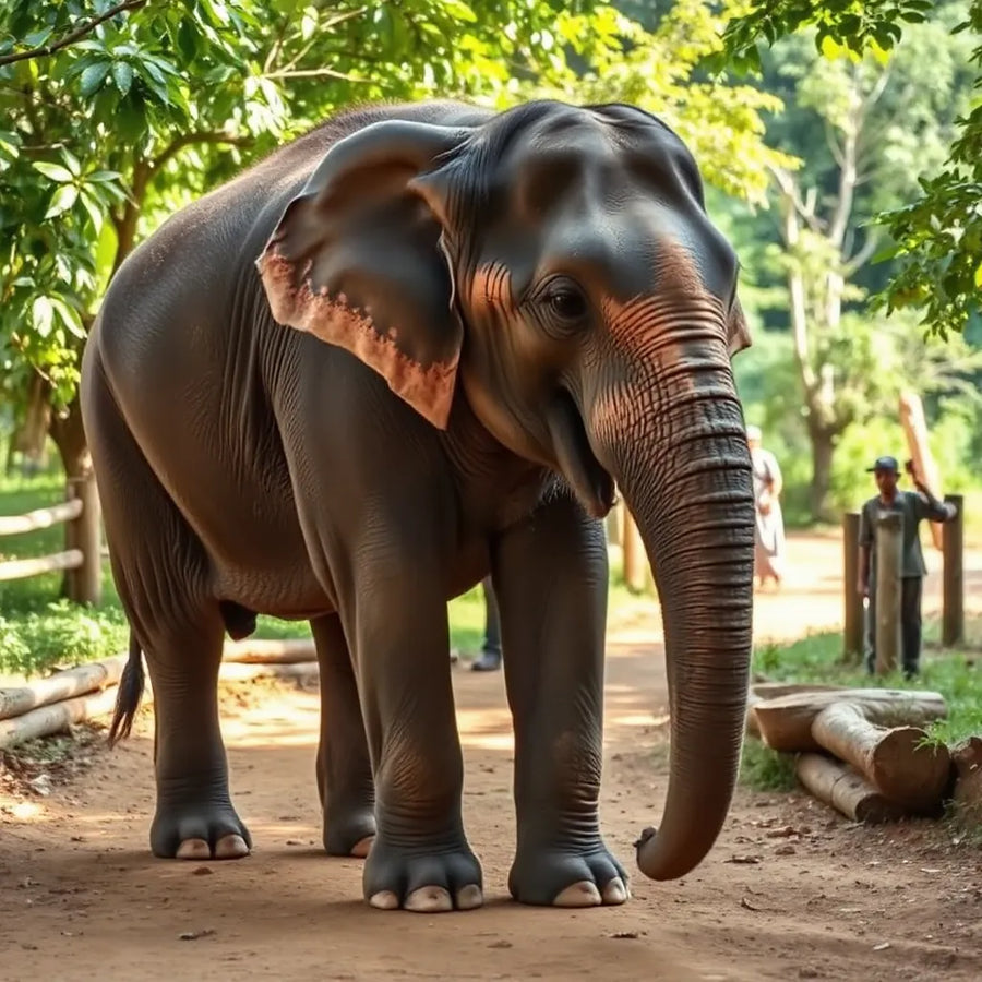 Calm Asian elephant with sanctuary caretakers in a lush Thai outdoor setting