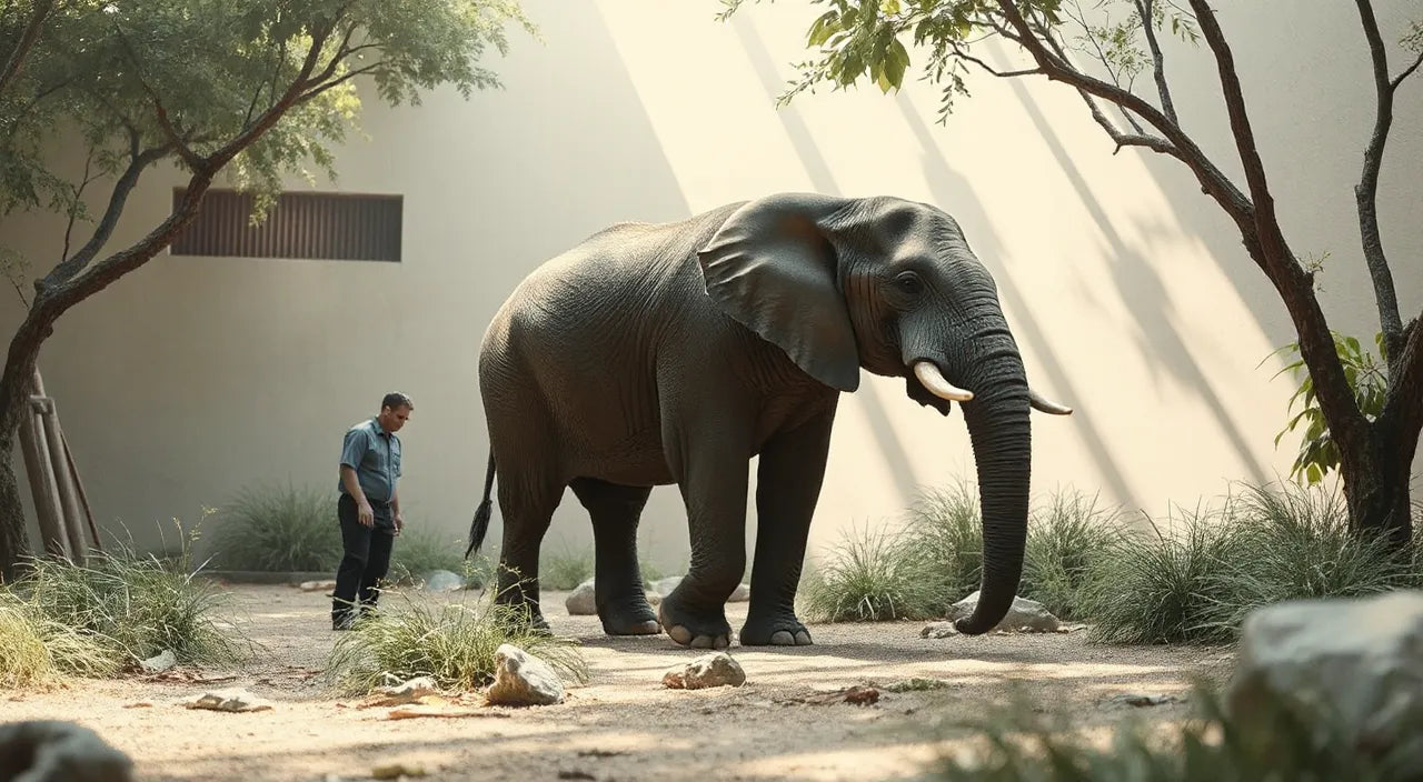 Elephants in a natural enclosure with caretakers nearby