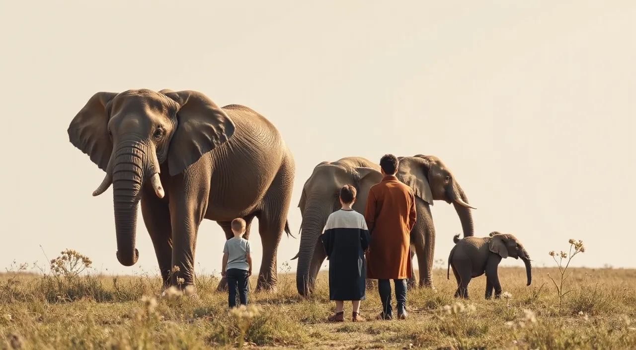 Family group observing elephants from a respectful distance