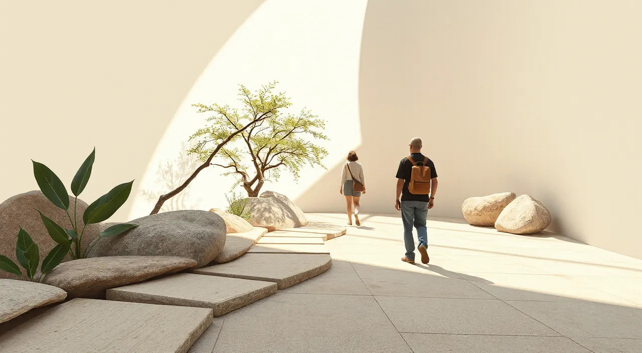 Guests walking a quiet sanctuary path while caretakers work nearby