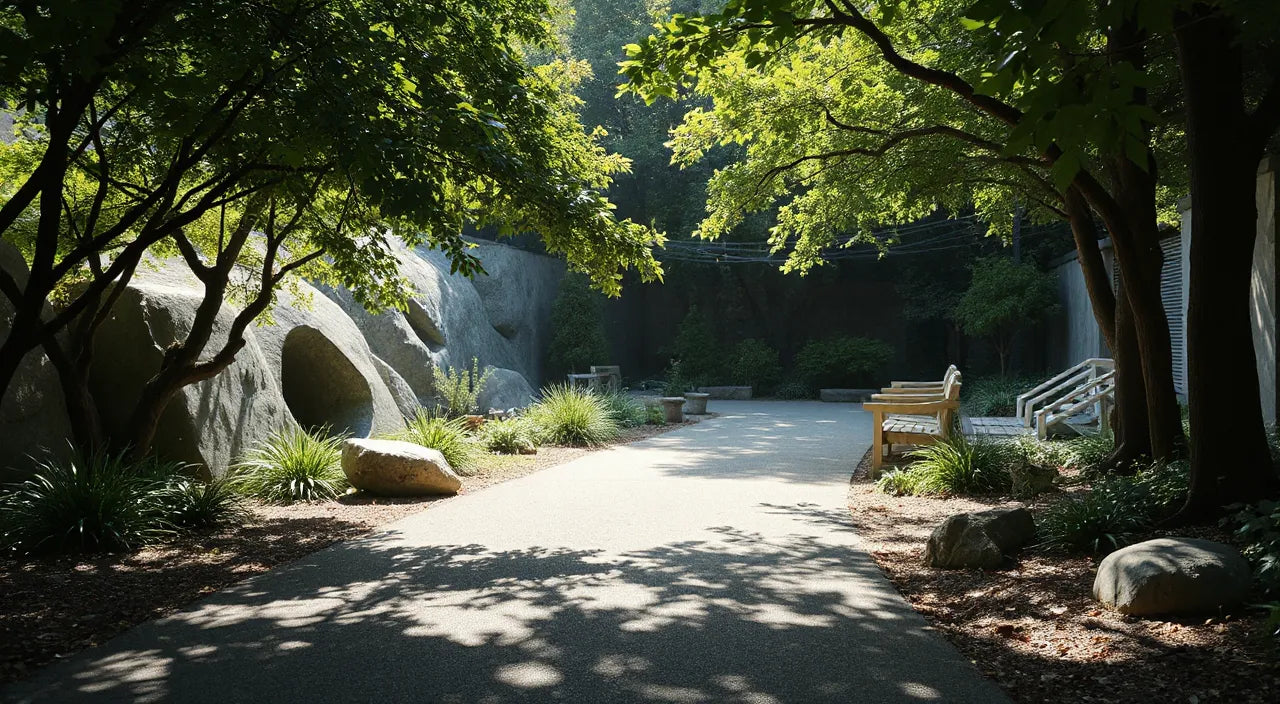Quiet sanctuary scene: natural path, shade, caretakers nearby