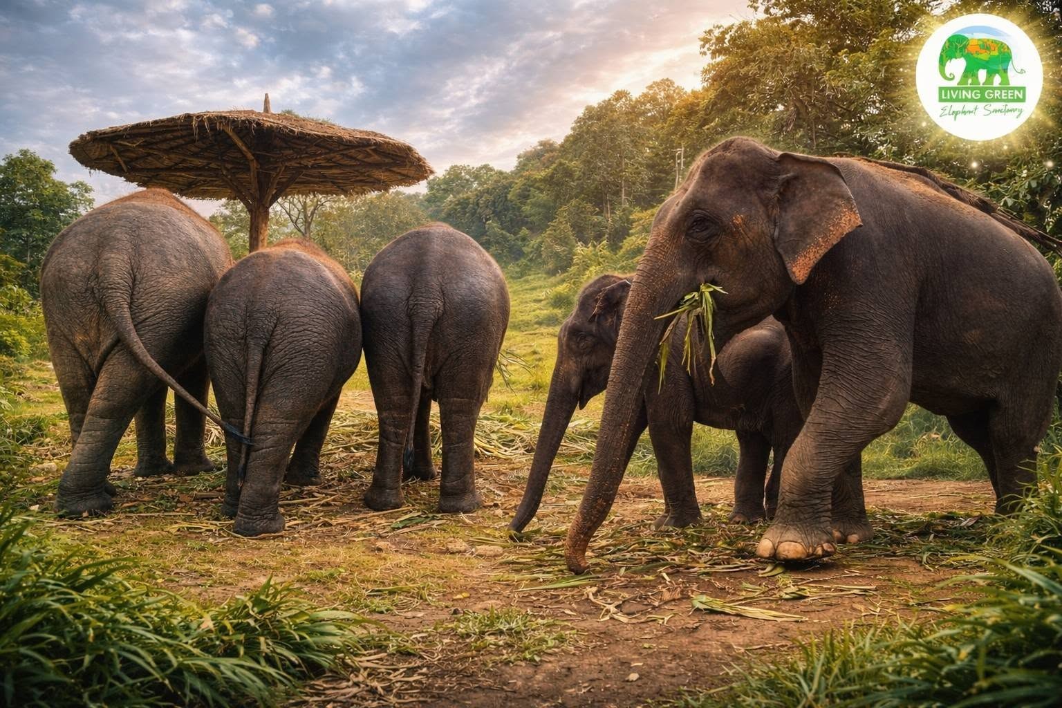 Elephant herd feeding together in warm evening light at Living Green Elephant Sanctuary Chiang Mai