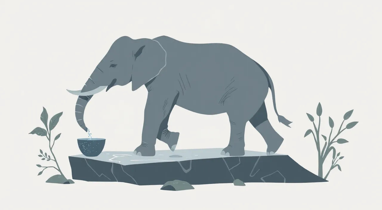 Elephant care routine icons: water, shelter, staff notes